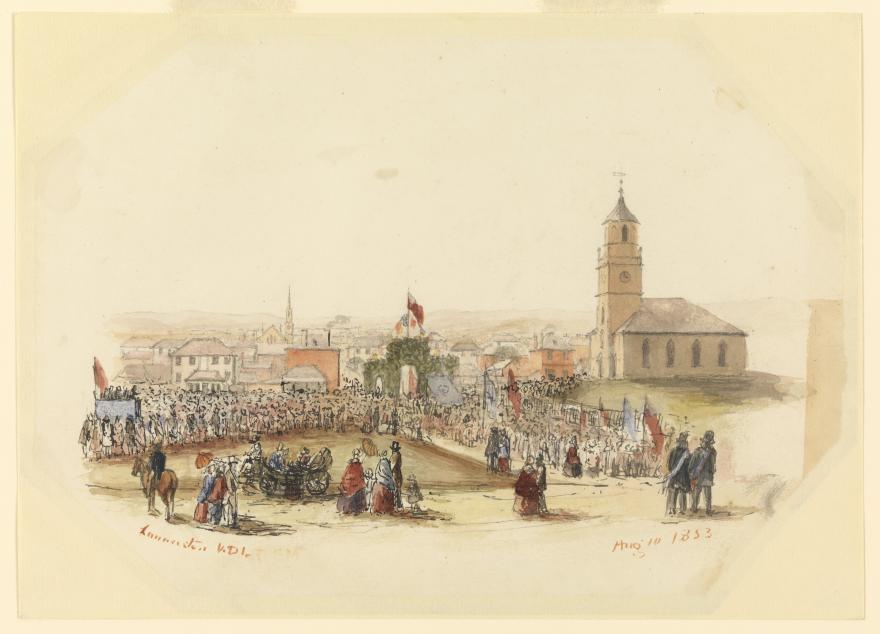 Watercolour of celebrating crowd with church.