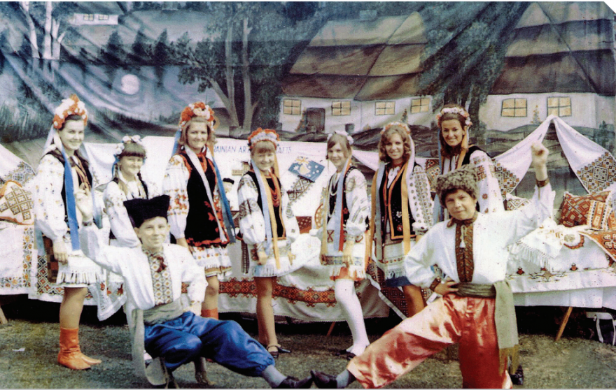 Ukrainian dancers performing at the Tasmanian Blue Gum Festival Village Fair at Hobart Botanical Gardens in 1969