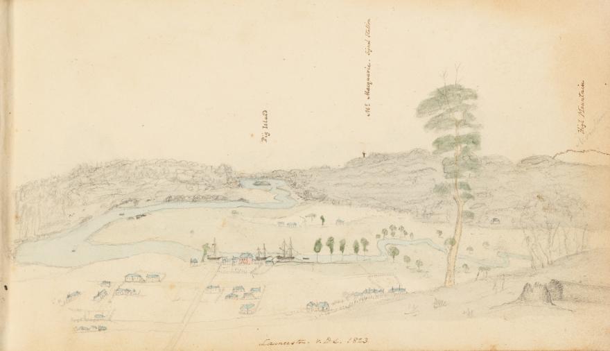 Sketch of landscape with river, ships and buildings