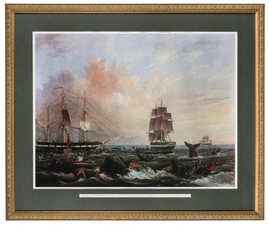 Painting of whales and ships
